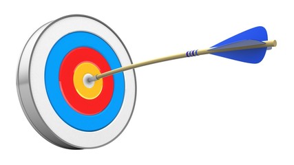 3d illustration of blue arrow with archery target over white background