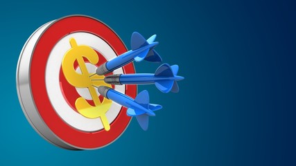3d illustration of target with three darts and dollar sign over blue background