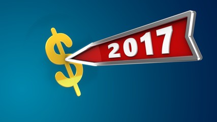 3d illustration of 2017 year arrow with dollar sign over blue background