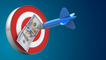 3d illustration of target with dart and 100 dollars over blue background