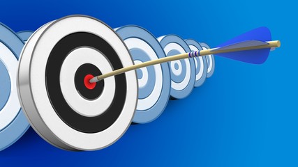 3d illustration of blue arrow with round target over targets row background