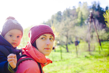 The mother and son are traveling.