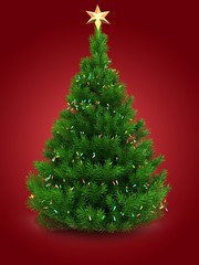 3d illustration of green Christmas tree over red background with lights and golden star