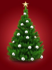 3d illustration of green Christmas tree over red background with star and silver balls