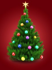 3d illustration of green Christmas tree over red background with golden star and colorful balls