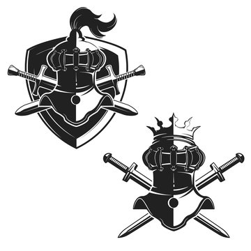 Set of the emblems templates with swords and knights helmets. De