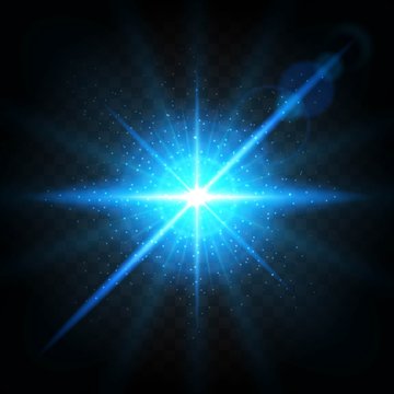 Effect of the explosion, flying in different directions of the particles, glow blue lens. Vector illustration Star flash. Blue rays and sparks on a dark transparent