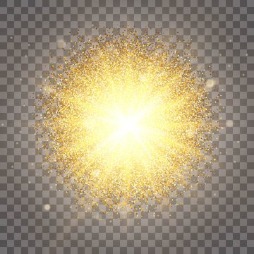 Effect of particles flying on top of a gold glitter sparkles dust luxurious design rich background. The effect of sunlight illumination. Luxury golden texture