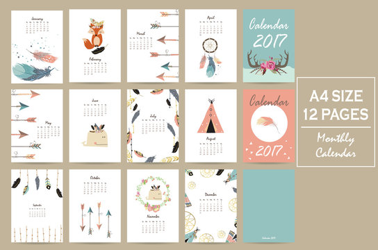 Colorful cute monthly calendar 2017 with tent,whale,feather,arrow,fox and wild.Can be used for web,banner,poster,label and printable