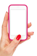 Female hand holding a smartphone. Isolated