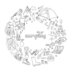 Fototapeta premium Set of hand drawn camping equipment symbols and icons. Vector illustration. Hiking, mountain climbing doodle elements: camp clothes, shoes, gear, fire place, backpack, lantern, campsite, shovel, axe