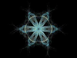 Computer fractal illustration of  gentle yellow blue flower on black background
