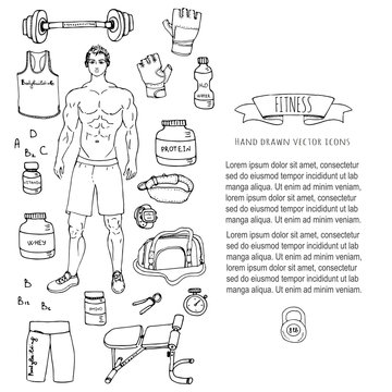 Hand drawn doodle fitness icons set. Vector illustration. Sport symbol collection. Cartoon bodybuilding various sketch elements: gym, sportsmen, diet, barbell, dumbbell, vitamin, protein, sport bag