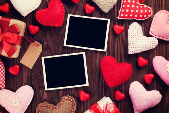 Valentines day photo frames and hearts