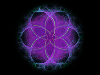 Computer fractal illustration of  pink blue green  flower  on black background