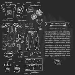 Hand drawn doodle american football set Vector illustration Sketchy sport related icons football elements, ball helmet jersey pants knee thigh shoulder pads cleats field cheerleading down indicator