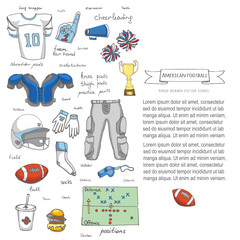 Hand drawn doodle american football set Vector illustration Sketchy sport related icons football elements, ball helmet jersey pants knee thigh shoulder pads cleats field cheerleading down indicator