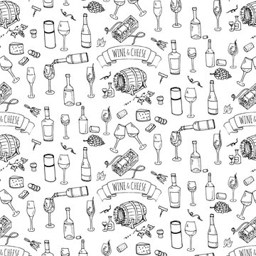 Seamless background hand drawn wine set icons Vector illustration Sketchy wine tasting element collection Wine objects Cartoon wine symbols Vineyard background Vector wine background Winery Wine glass