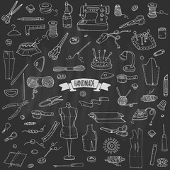 Hand drawn doodle Handmade icons set. Vector illustration. Sewing collection. Cartoon hand made various sketch elements: embroidery, jewelry making, button, needle, scissors, spool, pin, knitting