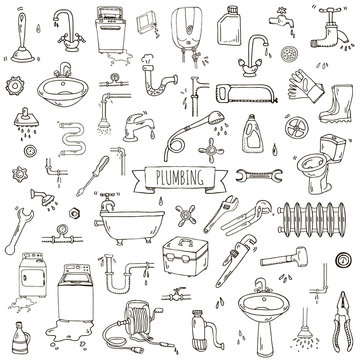 Hand drawn doodle Plumbing icons set. Vector illustration. Plumber repair tools collection. Cartoon water pipe various sketch elements: sink, tube, drain, broken washing machine, splash, drops, leak