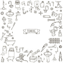 Hand drawn doodle Plumbing icons set. Vector illustration. Plumber repair tools collection. Cartoon water pipe various sketch elements: sink, tube, drain, broken washing machine, splash, drops, leak