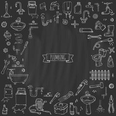 Hand drawn doodle Plumbing icons set. Vector illustration. Plumber repair tools collection. Cartoon water pipe various sketch elements: sink, tube, drain, broken washing machine, splash, drops, leak