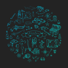Hand drawn doodle Pirate icons set Vector illustration pirate symbols collection Cartoon piracy concept elements Pirate hat Treasure chest Black flag Skull Crossbones Compass Pirate costume elements