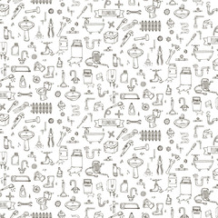 Seamless pattern Hand drawn doodle Plumbing icons set. Vector illustration. Plumber repair tools collection. Cartoon pipe sketch elements: sink, tube, drain, broken washing machine, splash, drops Leak