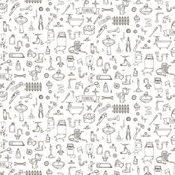 Seamless pattern Hand drawn doodle Plumbing icons set. Vector illustration. Plumber repair tools collection. Cartoon pipe sketch elements: sink, tube, drain, broken washing machine, splash, drops Leak