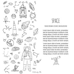 Hand drawn doodle Space and Cosmos set Vector illustration Universe icons Space concept elements Rocket Space ship symbols collection Solar system Planets Galaxy Milky Way Astronaut Tech freehand icon