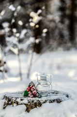 The composition of the white lamps and branches with red berries on a tree stump in the woods.