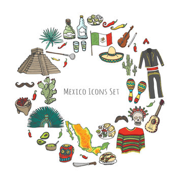 Hand drawn doodle Mexico set Vector illustration Sketchy mexican food icons United Mexican States elements Flag Maracas Sombrero Viva Mexico Maya Pyramid Aztec Tequila Agave Mariachi Poncho Guacamole