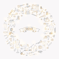 Hand drawn doodle Handmade icons set. Vector illustration. Sewing collection. Cartoon hand made various sketch elements: embroidery, jewelry making, button, needle, scissors, spool, pin, knitting