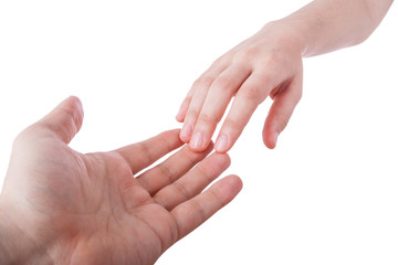 Reaching and touching hands. Concept for salvation, rescue, friendship, guidance. Isolated on white.
