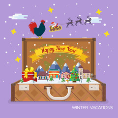 Merry Christmas and Happy New Year flat banner. Vector illustration for the website, calendar, ads, banners. Winter landscape. Open suitcase with landmarks. Santa Claus and plane in the sky.