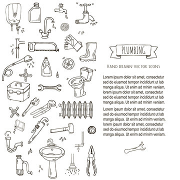Hand drawn doodle Plumbing icons set. Vector illustration. Plumber repair tools collection. Cartoon water pipe various sketch elements: sink, tube, drain, broken washing machine, splash, drops, leak