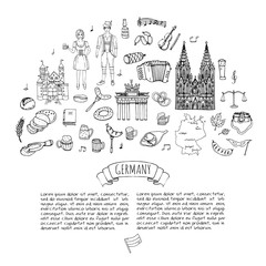 Fototapeta premium Hand drawn doodle set of Germany icons. Vector illustration set. Cartoon German landmark. Sketchy Europe travel elements collection: Sausage, Beer, Wheat bread, football, tennis, classic music, castle