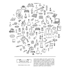 Hand drawn doodle Medical laboratory icons set. Vector illustration. Chemical lab symbol collection. Cartoon medicine and healthcare elements: research tools, substance and molecules, lab coat, mask