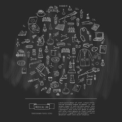 Hand drawn doodle Medical laboratory icons set. Vector illustration. Chemical lab symbol collection. Cartoon medicine and healthcare elements: research tools, substance and molecules, lab coat, mask