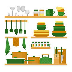 Kitchen shelves and cooking utensils. Flat style, vector illustration.