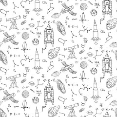 Seamless pattern Hand drawn doodle Space and Cosmos set Vector illustration Universe icons Space concept elements Rocket Space ship symbols collection Solar system Planets Galaxy Milky Way Astronaut