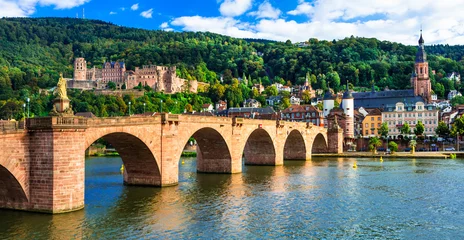 Foto op Canvas middeleeuws Heidelberg - uitzicht op de beroemde Karl Theodor-brug en kasteel © Freesurf