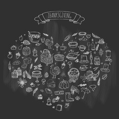 Hand drawn doodle Thanksgiving icons set Vector illustration autumn symbols collection Cartoon various celebration elements: turkey, hat, cranberry, vegetables, pumpkin pie, leaves