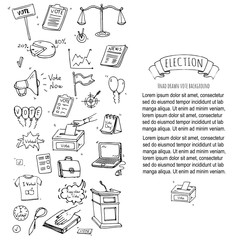 Hand drawn doodle Vote icons set. Vector illustration. Election symbols collection. Cartoon various voting elements: hand putting paper in the ballot box, speaker, scale, calendar, infographics, case.