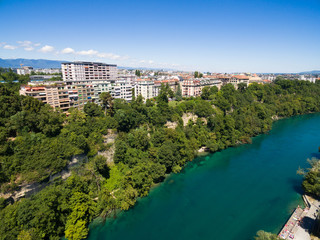 Fototapeta na wymiar Aerial view of Arve an Rhone river confluent in Geneva Switzerl