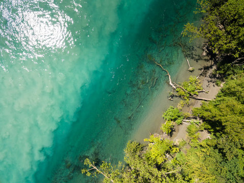 Aerial view of Arve an Rhone river confluent in  Geneva Switzerl
