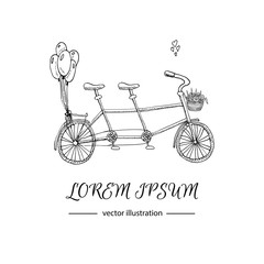 Hand drawn doodle Tricycle icon Transportation for newly married couple Vector illustration Cartoon style tricycle with basket of flowers and balloons Sketchy hearts Just married Wedding Love sketch