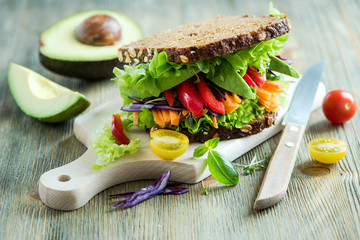 Vegan rye wholegrain fresh sandwich with ingredients for healthy meal, vitamin and diet food