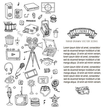 Hand drawn doodle Cinema set. Vector illustration. Movie making icons. Film symbols collection. Cinematography freehand elements: camera, film tape, photo camera, pizza, popcorn, projector, microphone