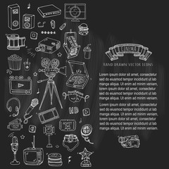 Hand drawn doodle Cinema set. Vector illustration. Movie making icons. Film symbols collection. Cinematography freehand elements: camera, film tape, photo camera, pizza, popcorn, projector, microphone